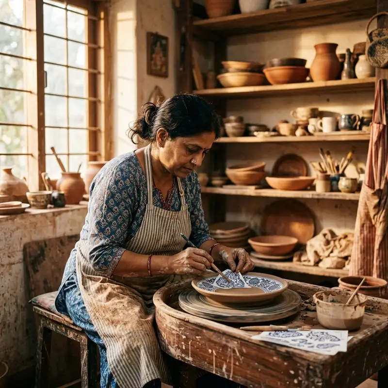 Studio potter working with ceramic decal artwork